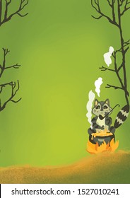 Vector raccoon on green background with trees autumn season art illustration