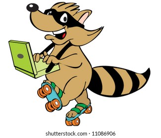 vector of raccoon on roller skates using laptop computer, concept of mobile workforce