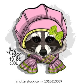 Vector raccoon with pink beret, green bow and knitted scarf. Hand drawn illustration of dressed raccoon.