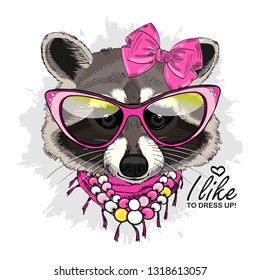 Vector raccoon with pink bow, glasses, necklace and pink scarf. Hand drawn illustration of dressed raccoon.