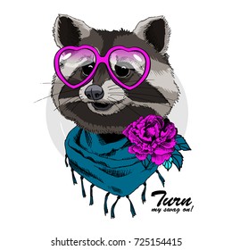 Vector raccoon with pink glasses. Hand drawn illustration of dressed raccoon.