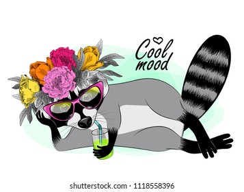 Vector raccoon with a pink glasses, wreath and glass. Hand drawn illustration of dressed coon.