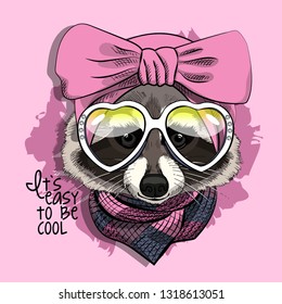 Vector raccoon with pink headband, glasses and knitted scarf. Hand drawn illustration of dressed raccoon.