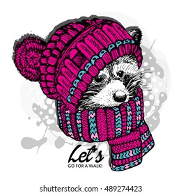 Vector Raccoon In A Pink Knitted Hat And Scarf. Hand Drawn Illustration Of Dressed Racoon.