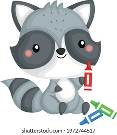 a vector of a raccoon playing with crayon