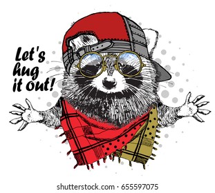 Vector raccoon with red cap, glasses and scarf. Hand drawn illustration of dressed racoon