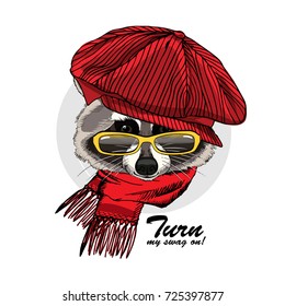 Vector raccoon with red cap and glasses. Hand drawn illustration of dressed raccoon.