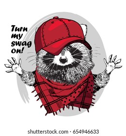 Vector raccoon with red cap. Hand drawn illustration of raccoon.