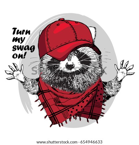 Vector raccoon with red cap. Hand drawn illustration of raccoon.