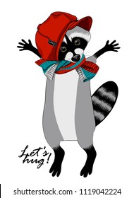 Vector raccoon with red cap and knitted scarf. Hand drawn illustration of dressed raccoon.
