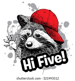 Vector raccoon in red cap. White, black, red. 
Greeting, salute. Hi five.