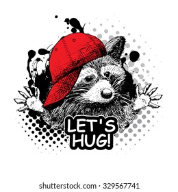 Vector raccoon in a red cap. White, black, red. 