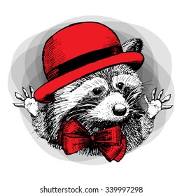 Vector raccoon in red hat and bow.