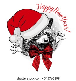 Vector raccoon in a red hat and bow. Santa. Happy New Year. Cristmas.