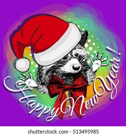 Vector raccoon in a red hat and bow. Santa. Happy New Year. Christmas. Hand drawn illustration. Greeting card. 