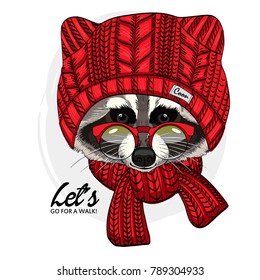 Vector raccoon with red knitted hat, scarf and glasses. Hand drawn illustration of dressed raccoon.