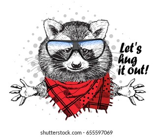 Vector raccoon with red scarf and glasses. Hand drawn illustration of dressed racoon