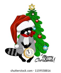 Vector raccoon - santa claus in a red cap  and red scarf. Hand drawn illustration of dressed coon with gold clock and Christmas tree.