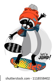 Vector raccoon with a skateboard. Hand drawn illustration of dressed coon  with red hat and knitted scarf.