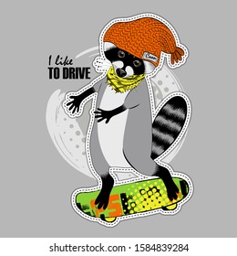 Vector raccoon with a skateboard. Illustration of dressed coon  with hat and scarf.