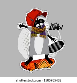 Vector raccoon with a skateboard. Illustration of dressed coon  with hat and scarf.