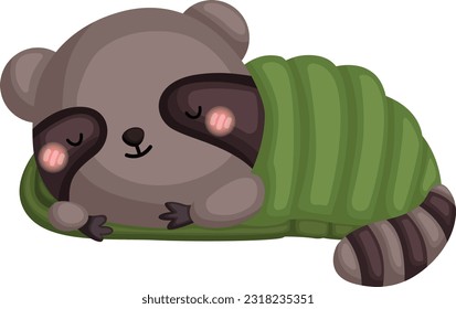 a vector of raccoon in a sleeping bag