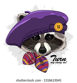 Vector raccoon with violet beret and knitted scarf. Hand drawn illustration of dressed raccoon.
