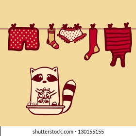 vector raccoon wash clothes and wash baby