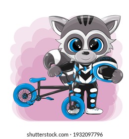Vector raccoon who is engaged in cycling. In one of its paws the animal holds a bicycle and in the other a helmet, he smiles and he likes this sport.