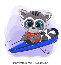 Vector raccoon who is engaged in rowing. The raccoon sits in a kayak with oars, he is purposefully moving towards victory. Vector animal doing professional sports