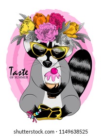Vector raccoon with wreath, glasses and ice cream. Hand drawn illustration of dressed raccoon.