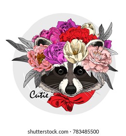 Vector raccoon with wreath. Hand drawn illustration of dressed raccoon.