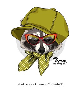Vector raccoon with yellow cap and glasses. Hand drawn illustration of dressed raccoon.