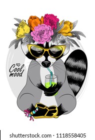 Vector raccoon with yellow glasses, wreath and glass. Hand drawn illustration of dressed coon.