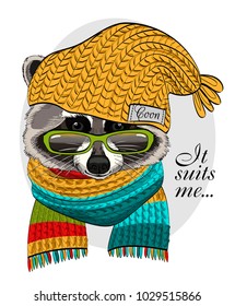 Vector raccoon with yellow knitted hat and scarf. Hand drawn illustration of dressed raccoon.