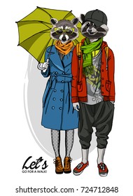 Vector raccoons. Hand drawn illustration of dressed raccoons. Romantic date. Rendezvous and walk. 1