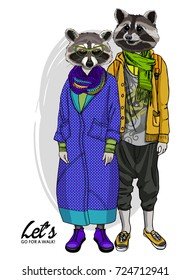 Vector raccoons. Hand drawn illustration of dressed raccoons. Romantic date. Rendezvous and walk. 