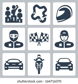 Vector Race Icons: Podium, Track, Helmet, Racer In Helmet, Racing Flag, Racer In Cap, Racing Car, Motorcycle, Rally Car