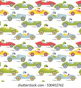 Vector race retro sport car seamless pattern. Vintage automobiles with drivers isolated on white background. 