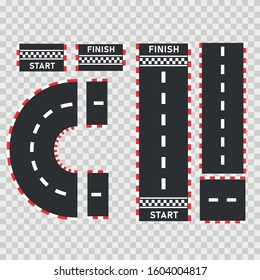 Vector race track road set. start and finish lines. Road pattern. top view. Isolated on transparent background