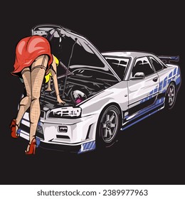 Vektor des Rennfahrzeugs, das den Motor repariert. gut für Design-Referenz. Reparatur von JDM-Automotoren. Kapuze mit offener Girl-Engine. JDM Sticker Ideas Design.