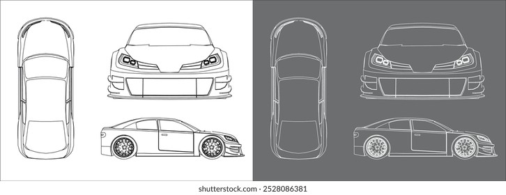 vector racing car line art draw blueprint wireframe from all view top corner side back isolated in transparent background 