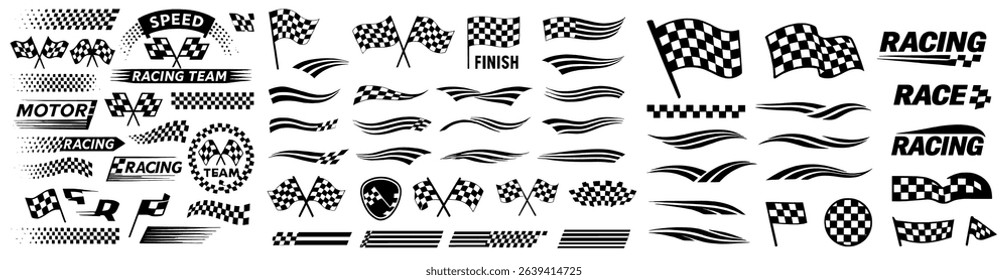 Vector racing elements set: black-white checkered flags, finish banners, speed lines, racing text decals. Clean silhouettes on transparent background, fully scalable for branding, prints, UI.