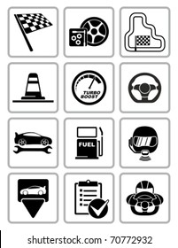 Vector racing equipment icons set. All white areas are cut away from icons and black areas merged.