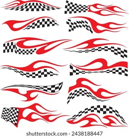 Vector Racing Flame Designs with Checkered Flags for Vehicle Vinyl Decals. Ready-to-cut graphics, great for sport cars, ATVs, trucks, motors and bikes.