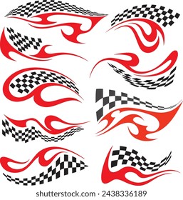 Vector Racing Flame Designs with Checkered Flags for Vehicle Vinyl Decals. Ready-to-cut graphics, great for sport cars, ATVs, trucks, motors and bikes.