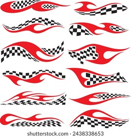 Vector Racing Flame Designs with Checkered Flags for Vehicle Vinyl Decals. Ready-to-cut graphics, great for sport cars, ATVs, trucks, motors and bikes.