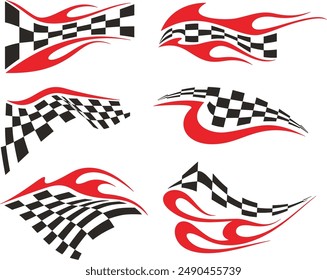 Vector Racing Flame Designs with Checkered Flags for Vehicle Vinyl Decals. Ready-to-cut graphics, great for sport cars, ATVs, trucks, motors and bikes.