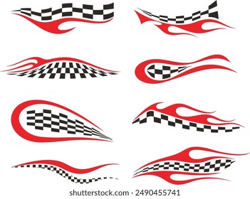 Vector Racing Flame Designs with Checkered Flags for Vehicle Vinyl Decals. Ready-to-cut graphics, great for sport cars, ATVs, trucks, motors and bikes.