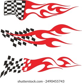 Vector Racing Flame Designs with Checkered Flags for Vehicle Vinyl Decals. Ready-to-cut graphics, great for sport cars, ATVs, trucks, motors and bikes.